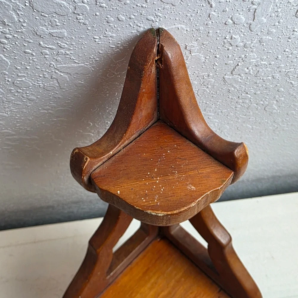 Vintage Wooden Corner Small Wall Shelf 2 Tier Scrollwork Display Rack Brown Wood